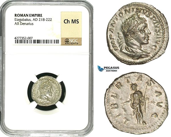 ZD05, Roman Empire, Elagabalus (218-222 AD), AR Denarius (3.11g) Rome, 220-221 AD, Libertas, NGC Ch MS