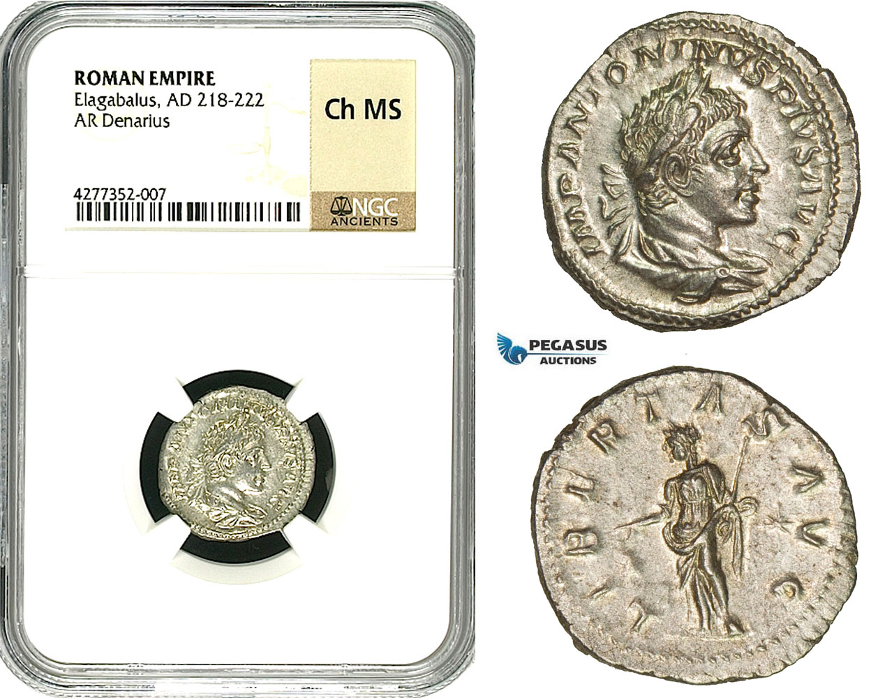 ZD05, Roman Empire, Elagabalus (218-222 AD), AR Denarius (3.11g) Rome, 220-221 AD, Libertas, NGC Ch MS