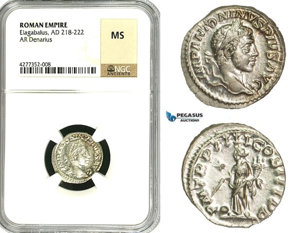 ZD06, Roman Empire, Elagabalus (218-222 AD), AR Denarius (2.22g) Rome, 220-222 AD, Providentia, NGC MS