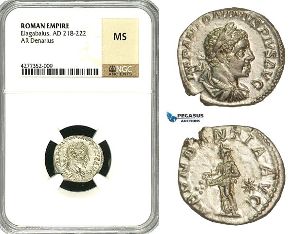 ZD07, Roman Empire, Elagabalus (218-222 AD), AR Denarius (3.04g) Rome, 218-222 AD, Abundantia, NGC MS