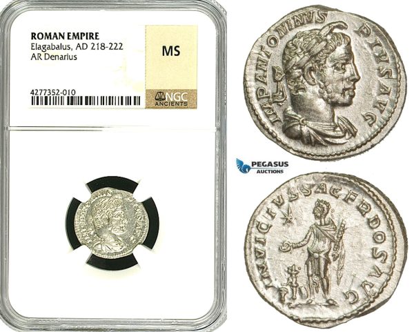 ZD08, Roman Empire, Elagabalus (218-222 AD), AR Denarius (3.07g) Rome, 218-222 AD, Altar, NGC MS