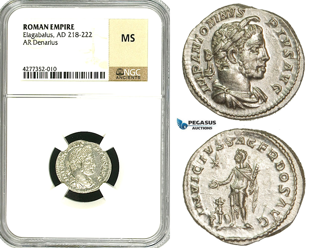 ZD08, Roman Empire, Elagabalus (218-222 AD), AR Denarius (3.07g) Rome, 218-222 AD, Altar, NGC MS