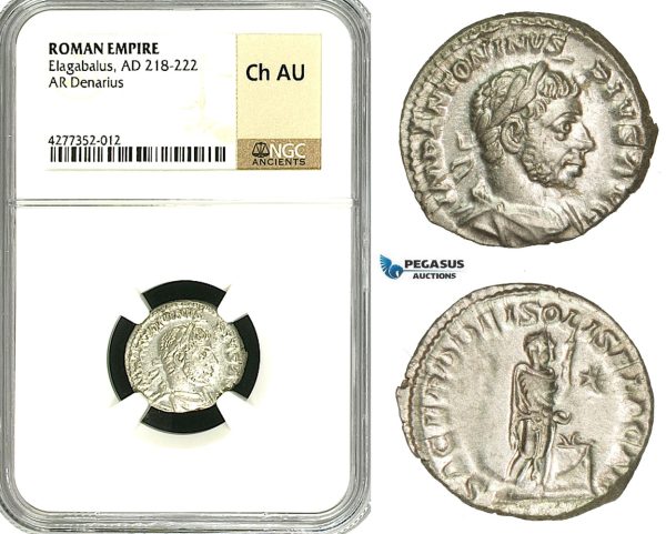 ZD10, Roman Empire, Elagabalus (218-222 AD), AR Denarius (3.41g) Rome, 218-222 AD, Altar, NGC Ch AU