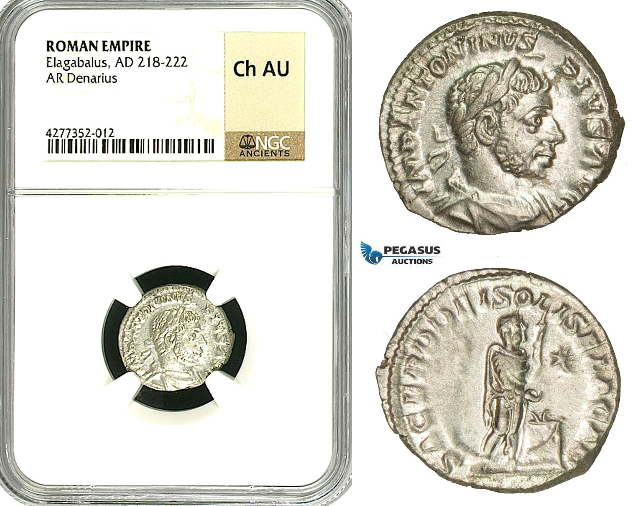 ZD10, Roman Empire, Elagabalus (218-222 AD), AR Denarius (3.41g) Rome, 218-222 AD, Altar, NGC Ch AU
