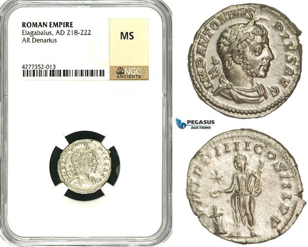ZD11, Roman Empire, Elagabalus (218-222 AD), AR Denarius (2.86g) Rome, 220-221 AD, Altar, NGC MS