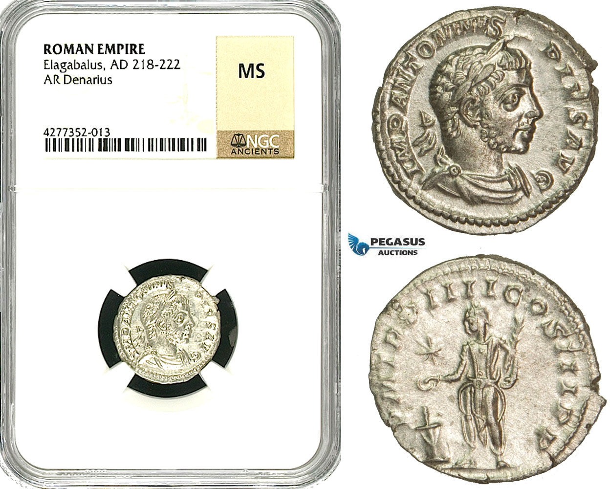 ZD11, Roman Empire, Elagabalus (218-222 AD), AR Denarius (2.86g) Rome, 220-221 AD, Altar, NGC MS