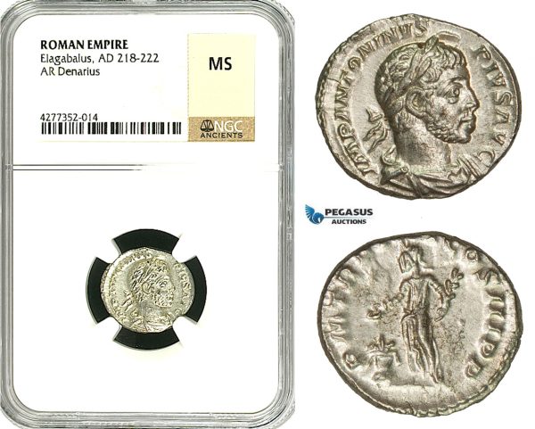 ZD12, Roman Empire, Elagabalus (218-222 AD), AR Denarius (3.22g) Rome, 220-221 AD, Altar, NGC MS
