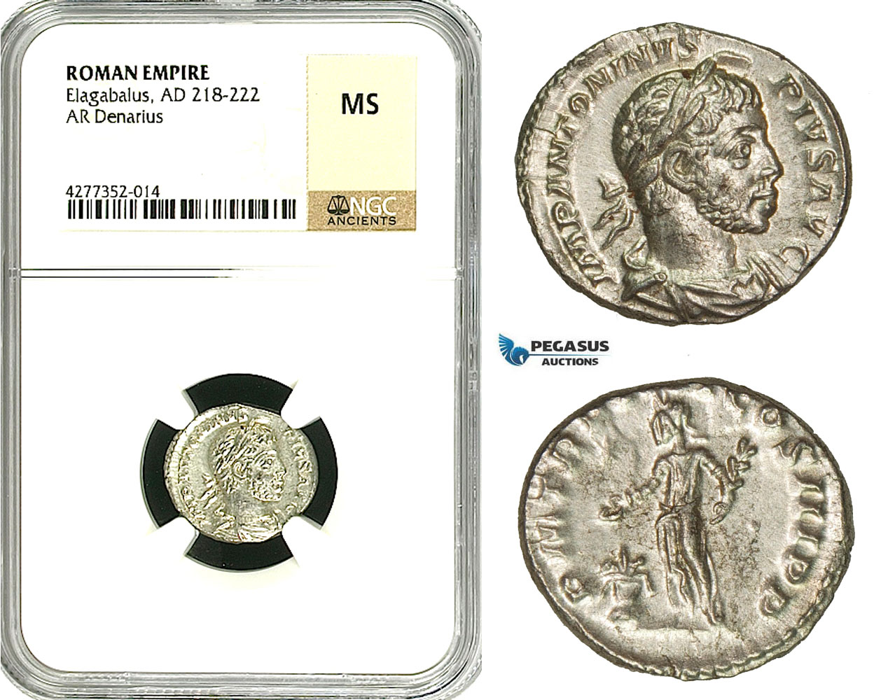 ZD12, Roman Empire, Elagabalus (218-222 AD), AR Denarius (3.22g) Rome, 220-221 AD, Altar, NGC MS