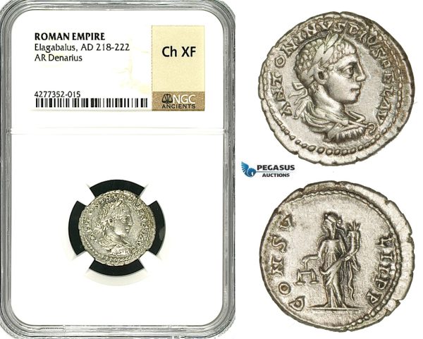 ZD13, Roman Empire, Elagabalus (218-222 AD), AR Denarius (3.05g) Antioch, 218-222 AD, Aequitas, NGC Ch XF