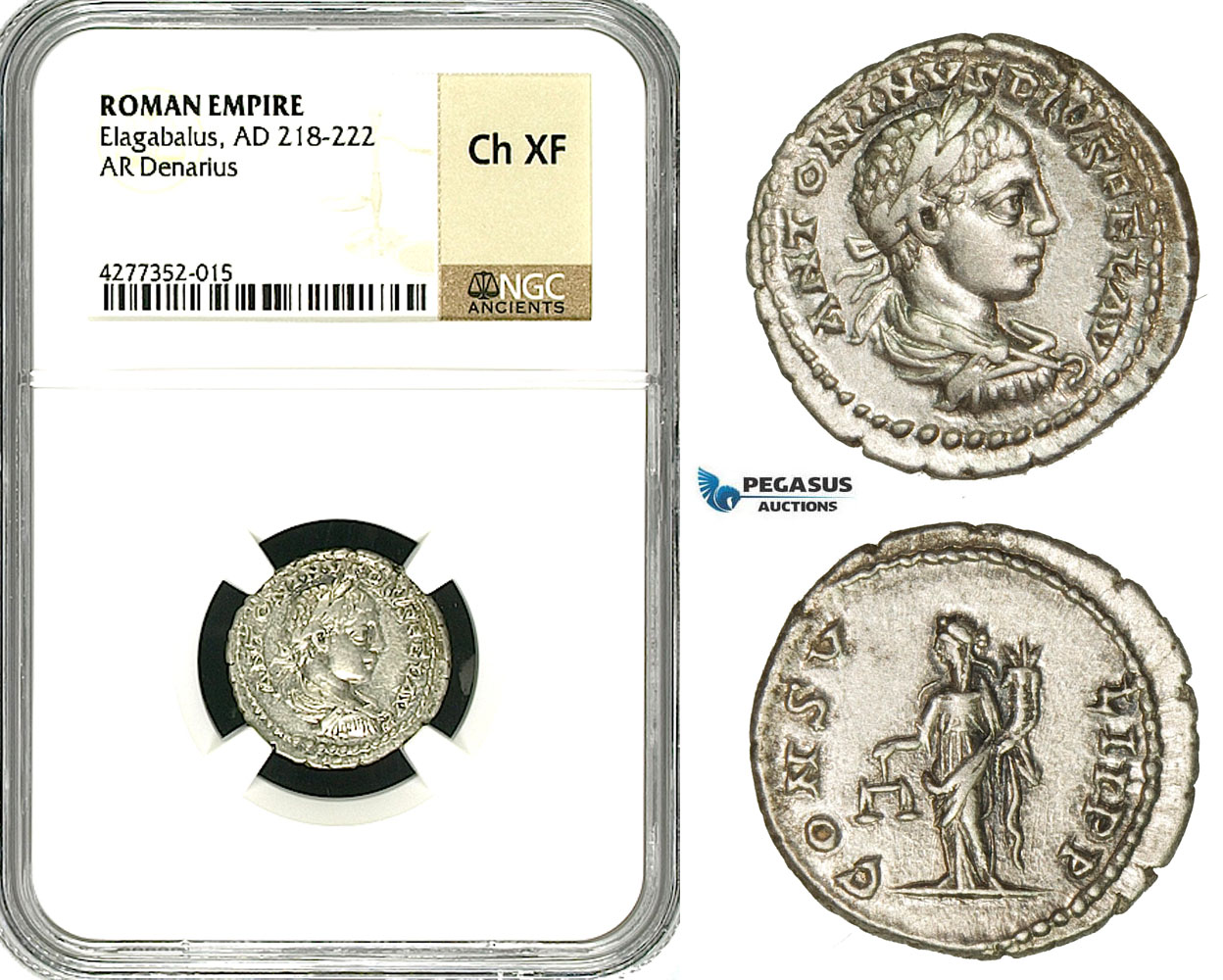 ZD13, Roman Empire, Elagabalus (218-222 AD), AR Denarius (3.05g) Antioch, 218-222 AD, Aequitas, NGC Ch XF