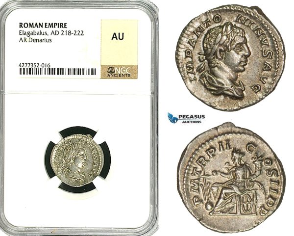 ZD14, Roman Empire, Elagabalus (218-222 AD), AR Denarius (2.85g) Rome, 218-219 AD, Fortuna, NGC AU