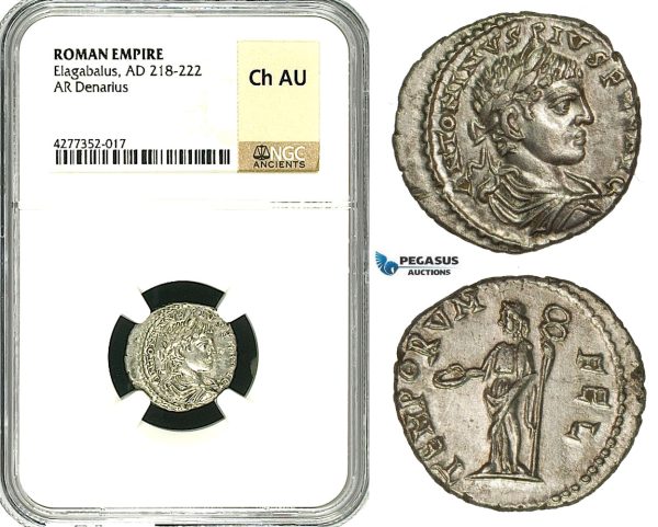 ZD15, Roman Empire, Elagabalus (218-222 AD), AR Denarius (2.78g) Antioch, 218-222 AD, Felicitas, NGC Ch AU