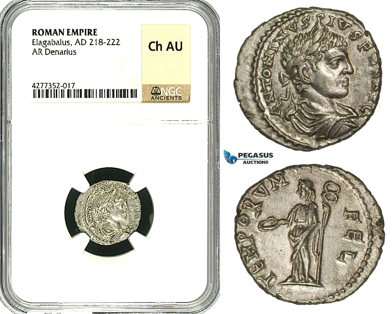 ZD15, Roman Empire, Elagabalus (218-222 AD), AR Denarius (2.78g) Antioch, 218-222 AD, Felicitas, NGC Ch AU