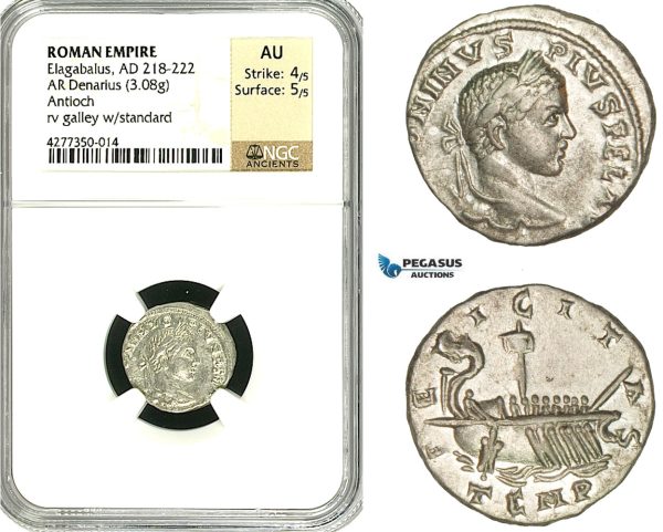 ZD17, Roman Empire, Elagabalus (218-222 AD), AR Denarius (3.09g) Antioch, 218-219 AD, Galley, NGC AU