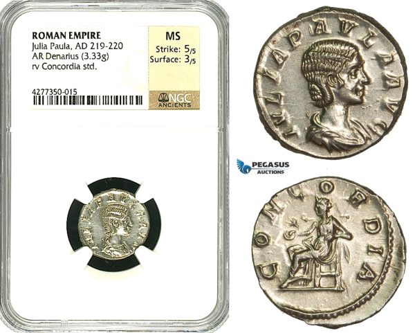 ZD18, Roman Empire, Julia Paula Augusta (219-220), AR Denarius (3.33g) Rome, Concordia, NGC MS