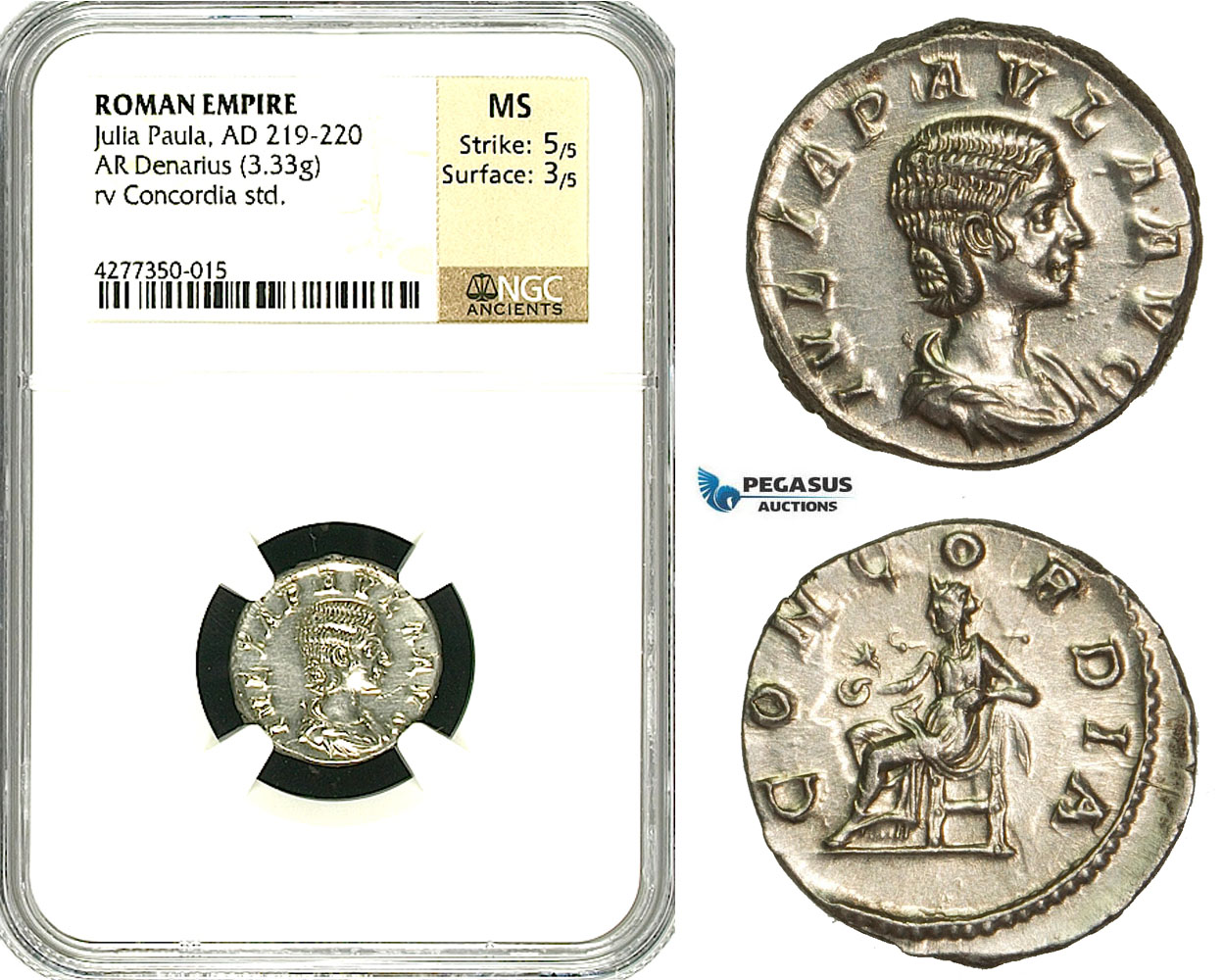 ZD18, Roman Empire, Julia Paula Augusta (219-220), AR Denarius (3.33g) Rome, Concordia, NGC MS