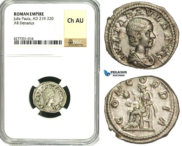 ZD19, Roman Empire, Julia Paula Augusta (219-220), AR Denarius (2.54g) Rome, Concordia, NGC Ch AU