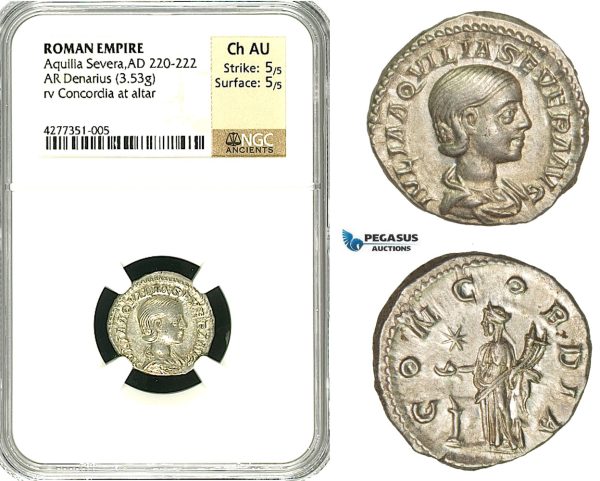 ZD20, Roman Empire, Aquilia Severa, second wife of Elagabalus (AD 220-222), AR Denarius (3.53g) Rome, 221-222 AD, Concordia, NGC Ch AU