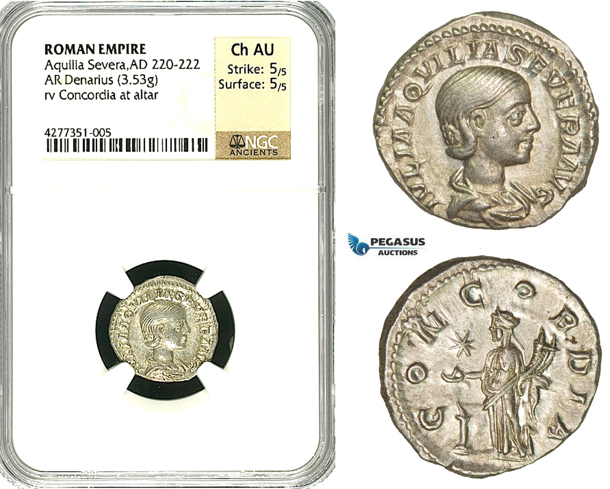 ZD20, Roman Empire, Aquilia Severa, second wife of Elagabalus (AD 220-222), AR Denarius (3.53g)  Rome, 221-222 AD, Concordia, NGC Ch AU