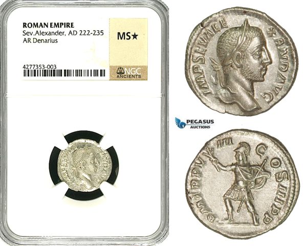 ZD22, Roman Empire, Severus Alexander (222-235 AD), AR Denarius (2.79g) Rome, 229 AD, Mars, NGC MS★