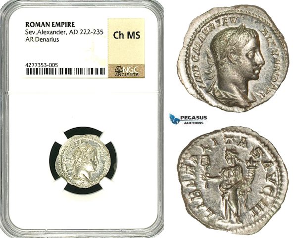 ZD24, Roman Empire, Severus Alexander (222-235 AD), AR Denarius (2.67g) Rome, 222 AD, Liberalitas, NGC Ch MS
