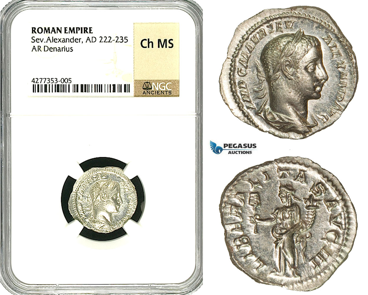 ZD24, Roman Empire, Severus Alexander (222-235 AD), AR Denarius (2.67g) Rome, 222 AD, Liberalitas, NGC Ch MS