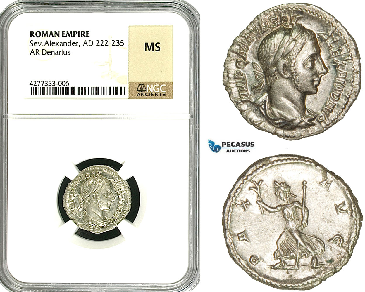 ZD25, Roman Empire, Severus Alexander (222-235 AD), AR Denarius (3.16g) Rome, Pax, NGC MS