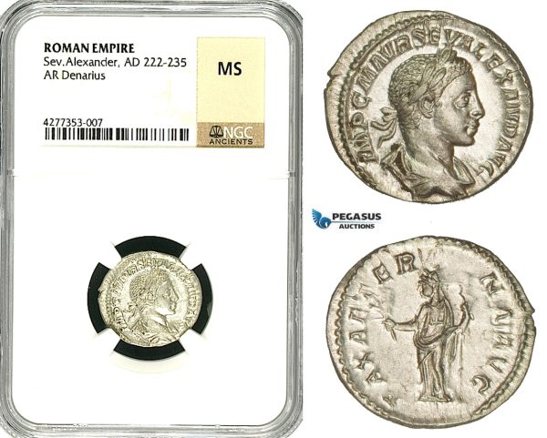ZD26, Roman Empire, Severus Alexander (222-235 AD), AR Denarius (2.82g) Rome, Pax, NGC MS