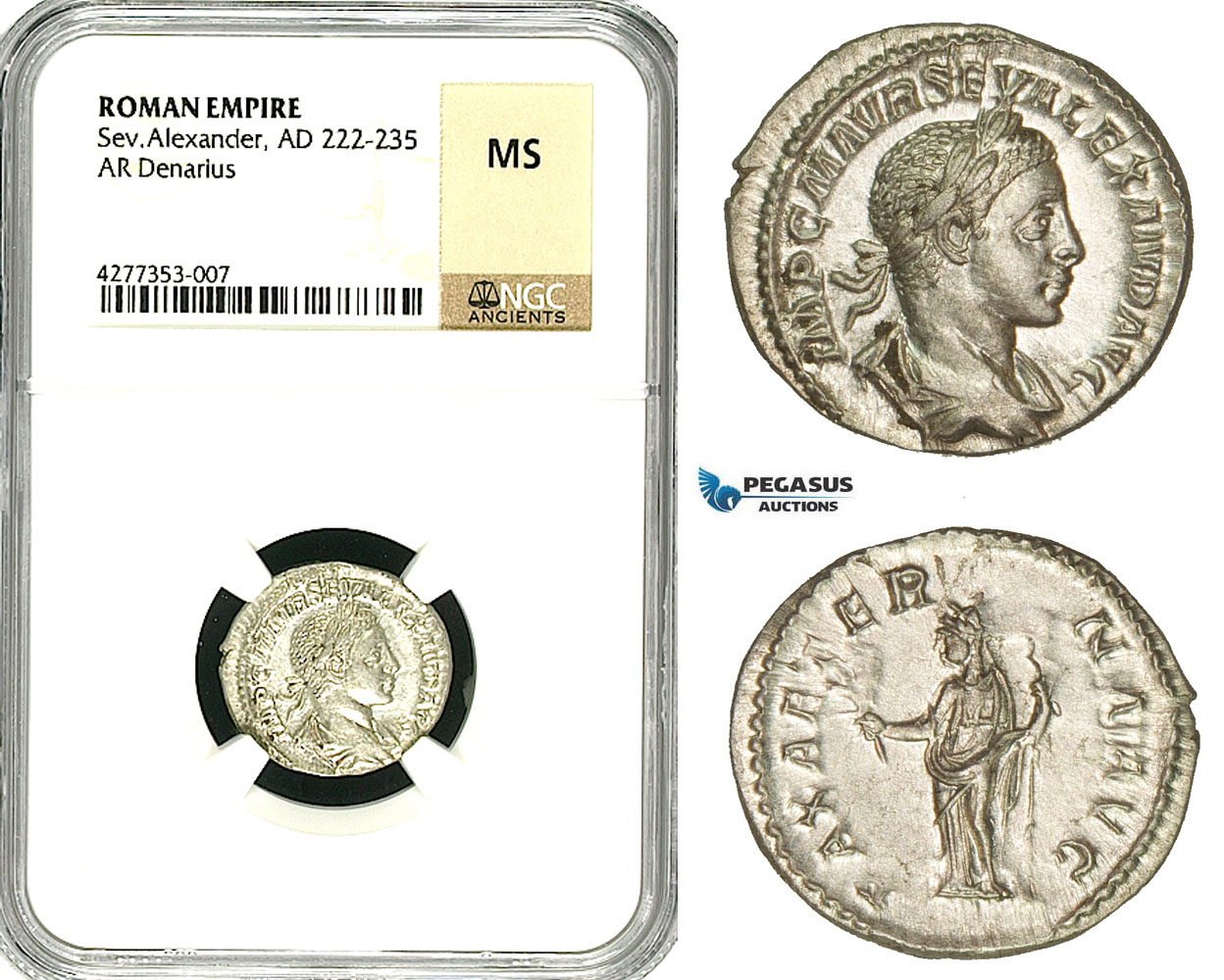 ZD26, Roman Empire, Severus Alexander (222-235 AD), AR Denarius (2.82g) Rome, Pax, NGC MS