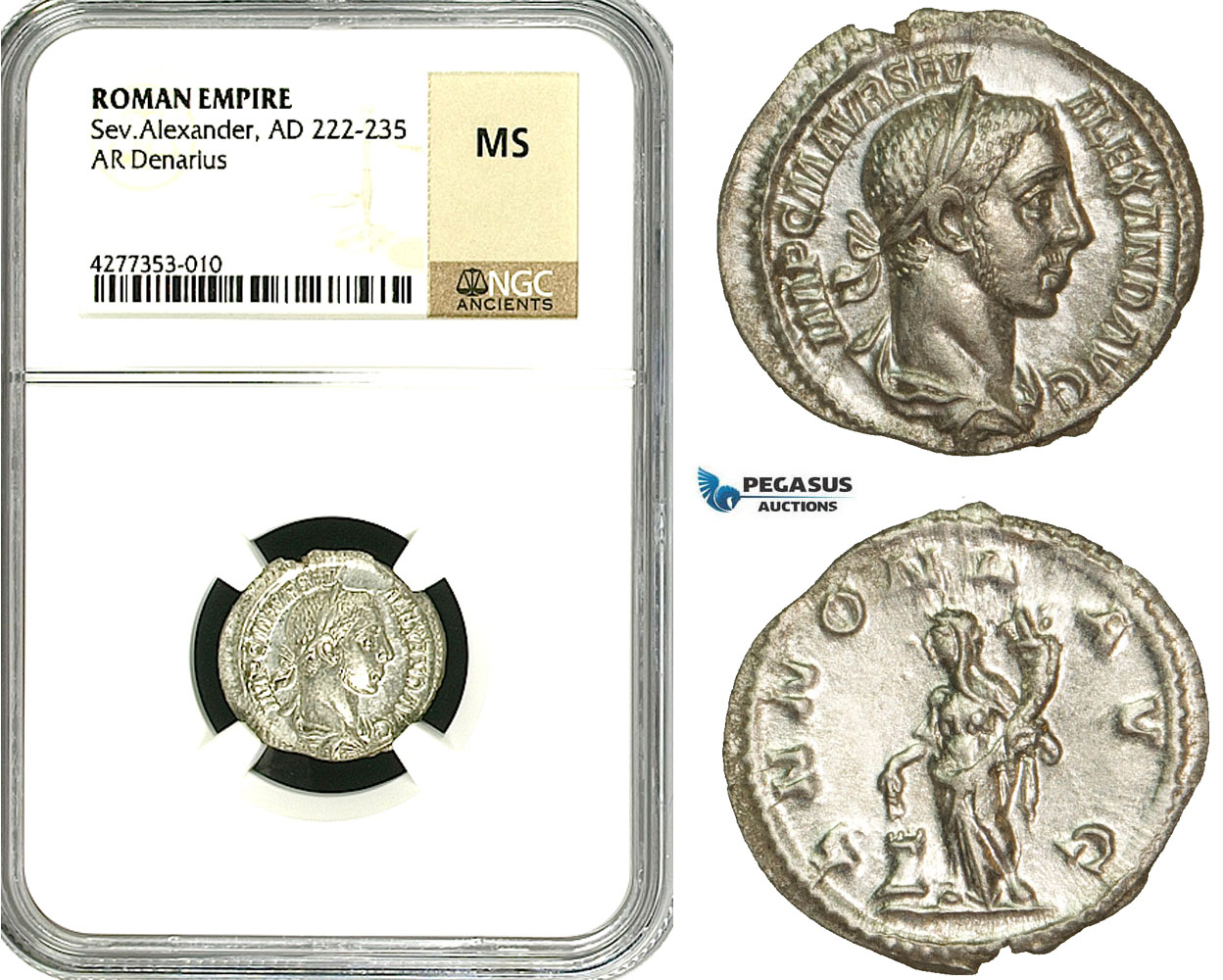 ZD29, Roman Empire, Severus Alexander (222-235 AD), AR Denarius (2.36g) Rome, Annona, NGC MS
