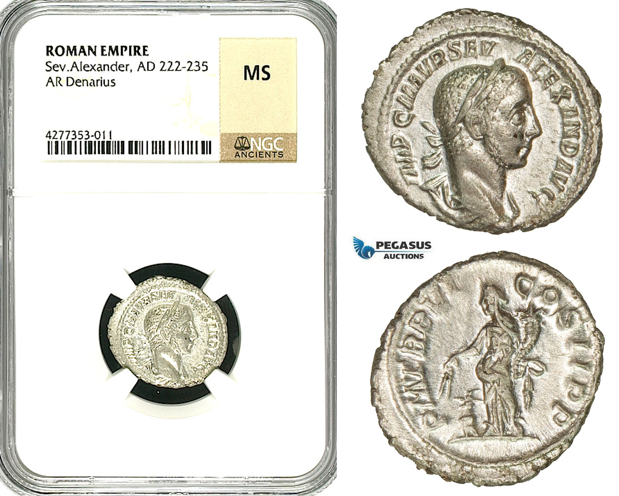ZD30, Roman Empire, Severus Alexander (222-235 AD), AR Denarius (2.92g) Rome, Annona, NGC MS