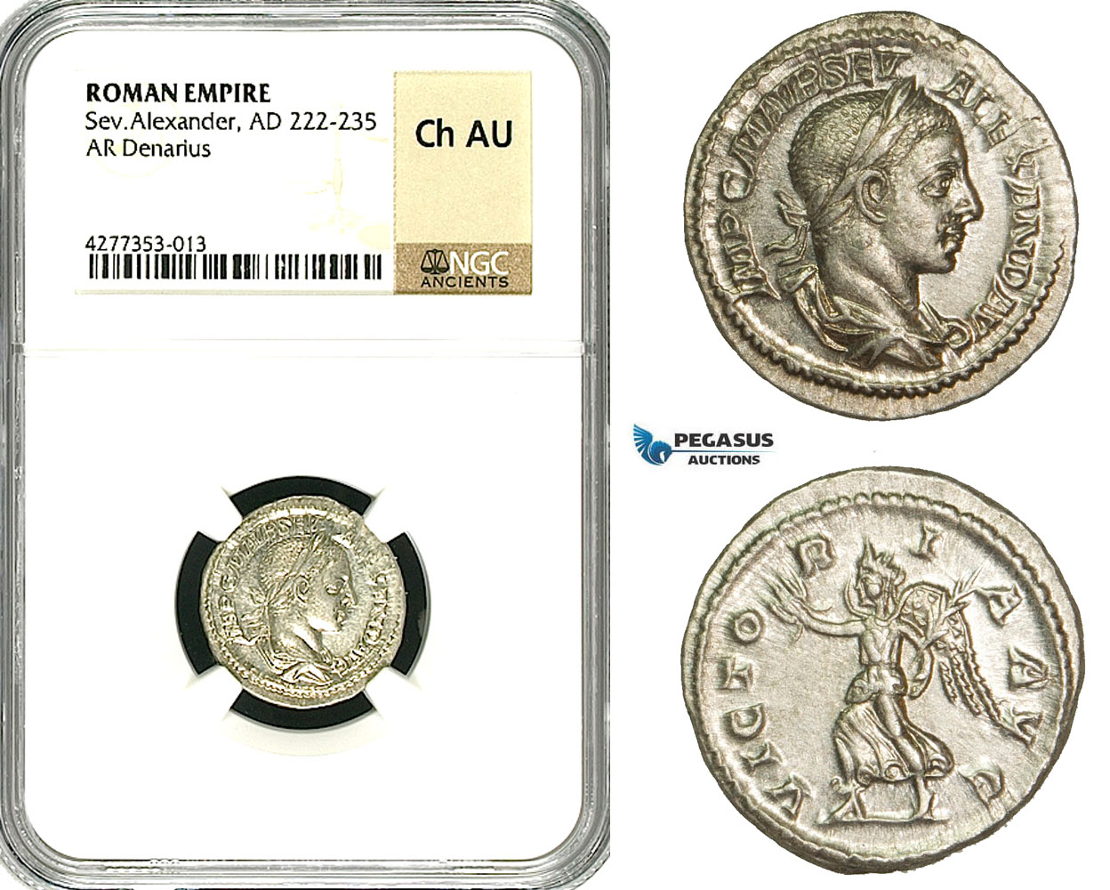 ZD32, Roman Empire, Severus Alexander (222-235 AD), AR Denarius (3.69g) Rome, Victory, NGC Ch AU