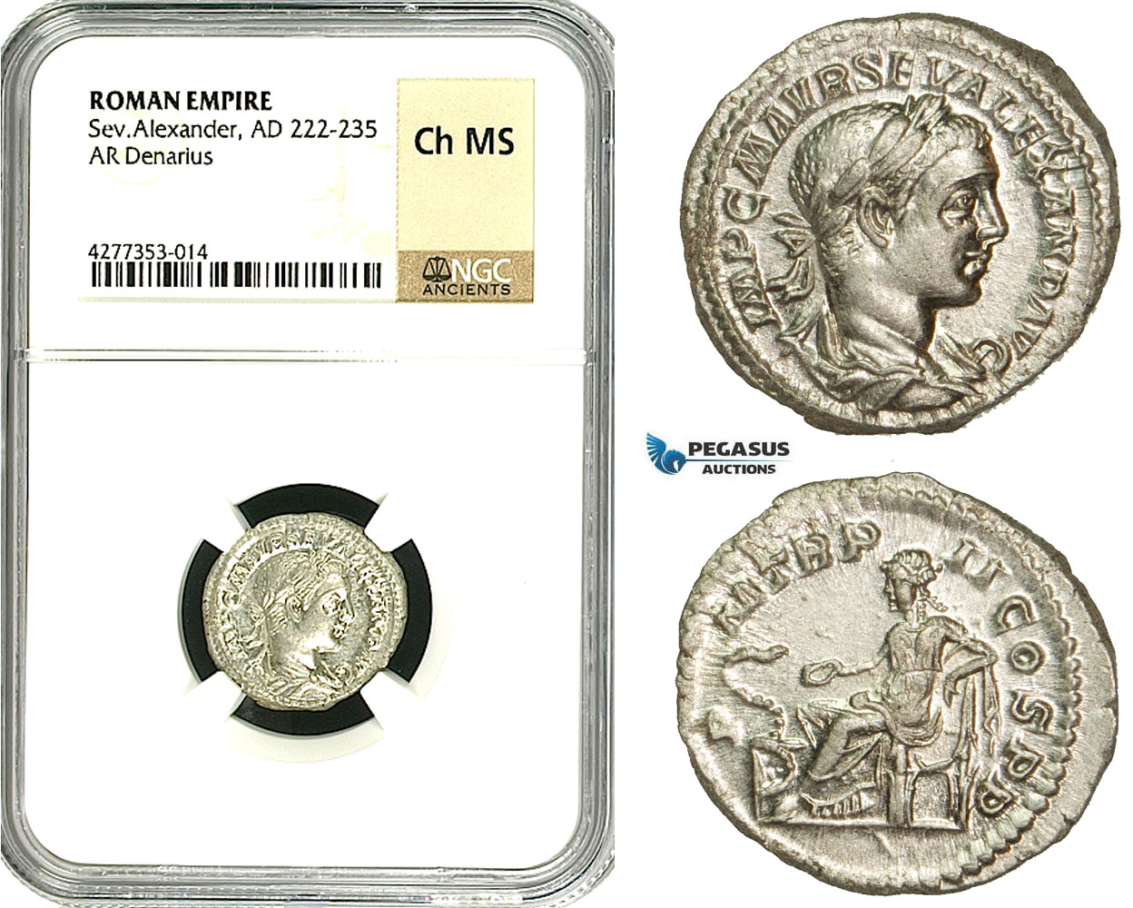 ZD33, Roman Empire, Severus Alexander (222-235 AD), AR Denarius (3.9g) Rome, Salus, NGC Ch MS