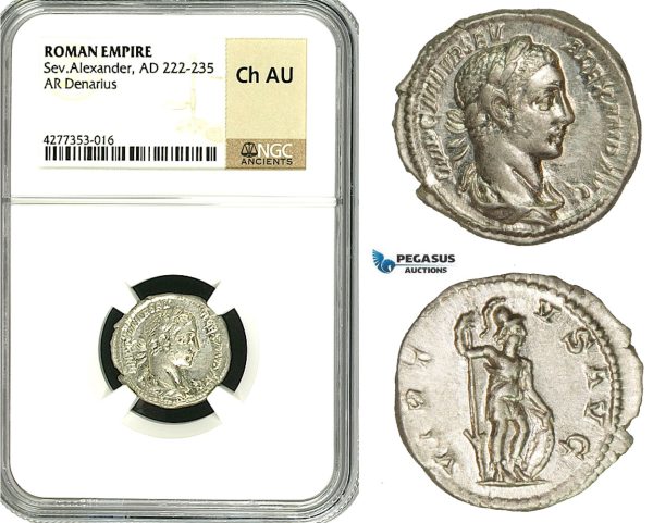 ZD35, Roman Empire, Severus Alexander (222-235 AD), AR Denarius (3.40g) Rome, Virtus, NGC Ch AU