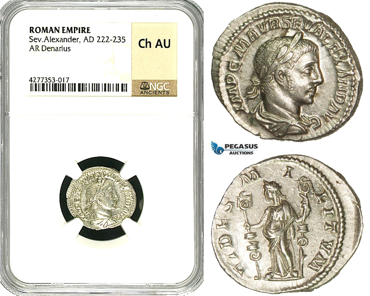 ZD36, Roman Empire, Severus Alexander (222-235 AD), AR Denarius (3.14g) Rome, Fides, NGC Ch AU