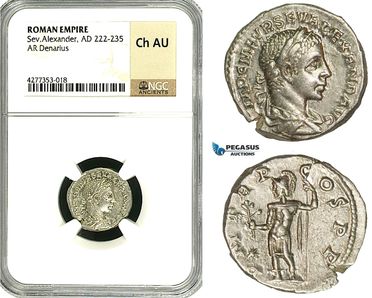 ZD37, Roman Empire, Severus Alexander (222-235 AD), AR Denarius (3.64g) Rome, Mars, NGC Ch AU