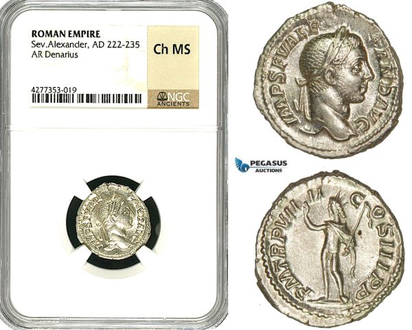ZD38, Roman Empire, Severus Alexander (222-235 AD), AR Denarius (3.46g) Rome, 230 AD, Sol, NGC Ch MS