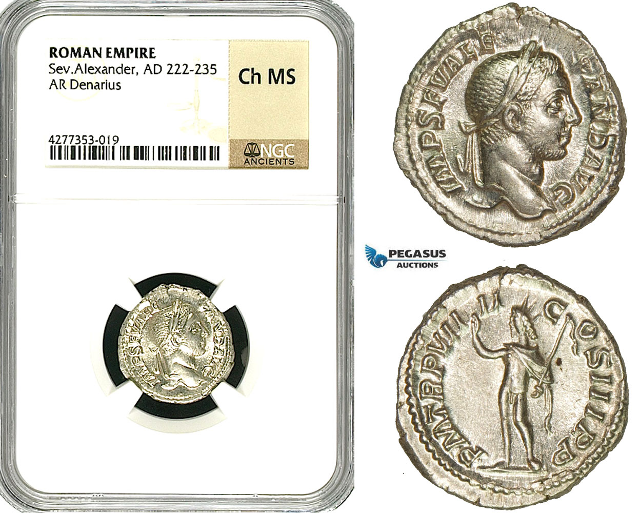 ZD38, Roman Empire, Severus Alexander (222-235 AD), AR Denarius (3.46g) Rome, 230 AD, Sol, NGC Ch MS