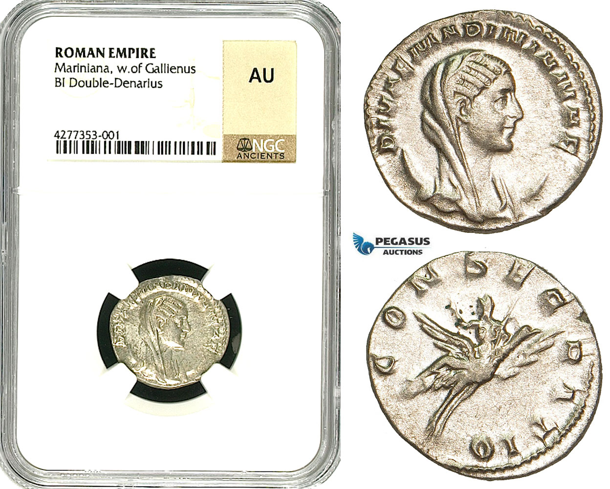 ZD42, Roman Empire, Mariniana (wife of Valerian) BL Double Denarius (3.19g) Rome, Posthumous Issues after 253 AD, Peacock, NGC AU