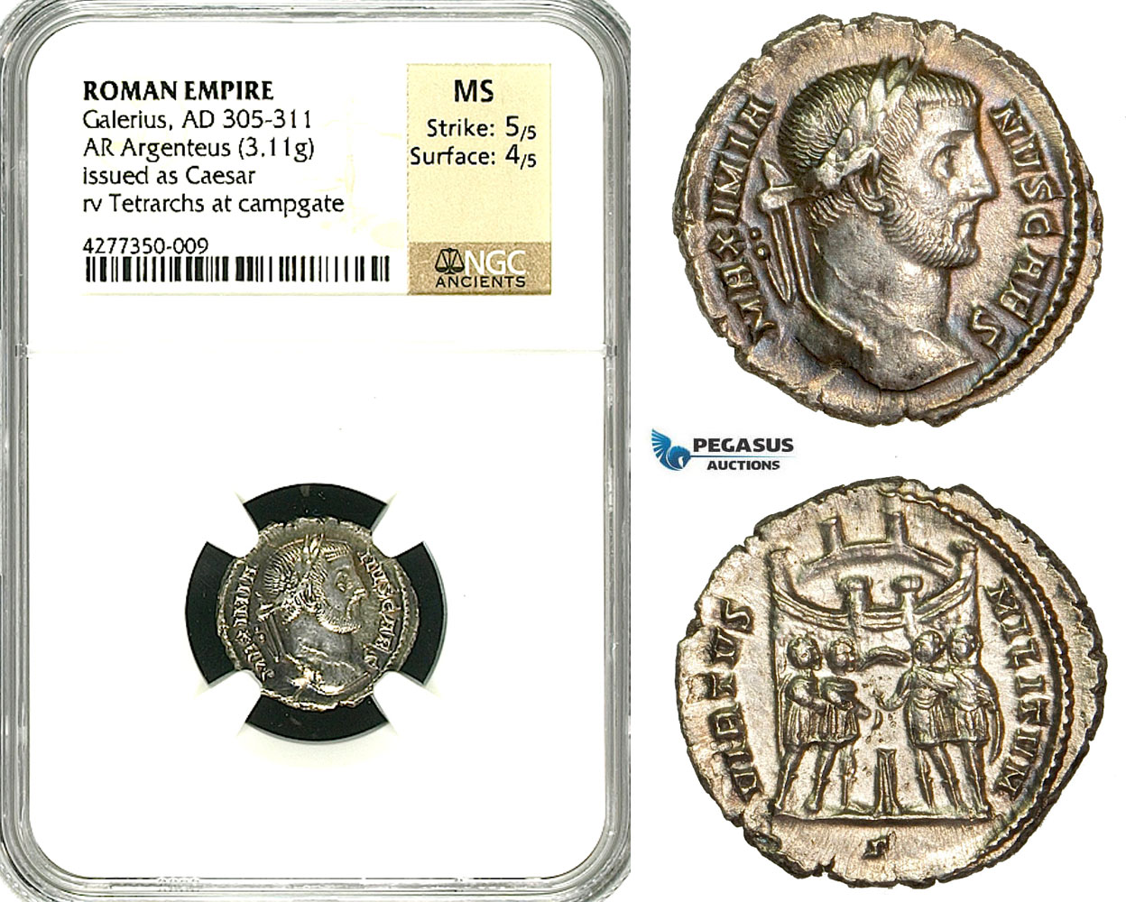 ZD43, Roman Empire, Galerius Maximianus (305-311 AD), AR Argenteus (3.11g), Rome, Tetrarchs, NGC MS