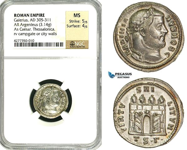 ZD44, Roman Empire, Galerius (305-311 AD), AR Argenteus (3.14g) Thessalonica, Campgate, NGC MS