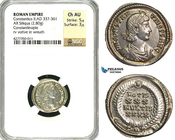 ZD46, Roman Empire, Constantius II. (337-361 AD), AR Siliqua (2.80g) Constantinople, NGC Ch AU