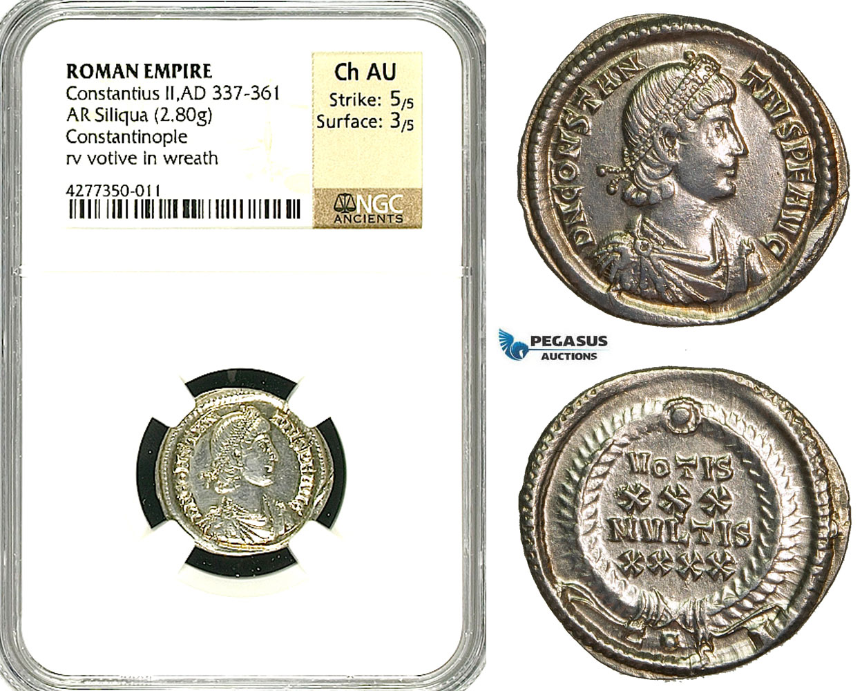 ZD46, Roman Empire, Constantius II. (337-361 AD), AR Siliqua (2.80g) Constantinople, NGC Ch AU