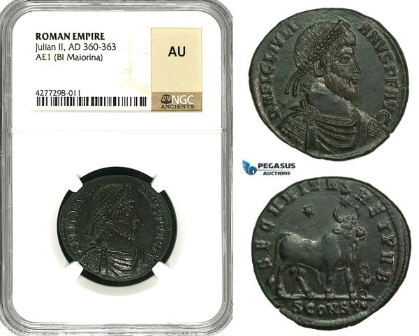 ZD48, Roman Empire, Julian II. "The Apostate" (360-363 AD) Æ1, BL Maiorina (8.15g) Arles, 362-363 AD, Bull, NGC AU