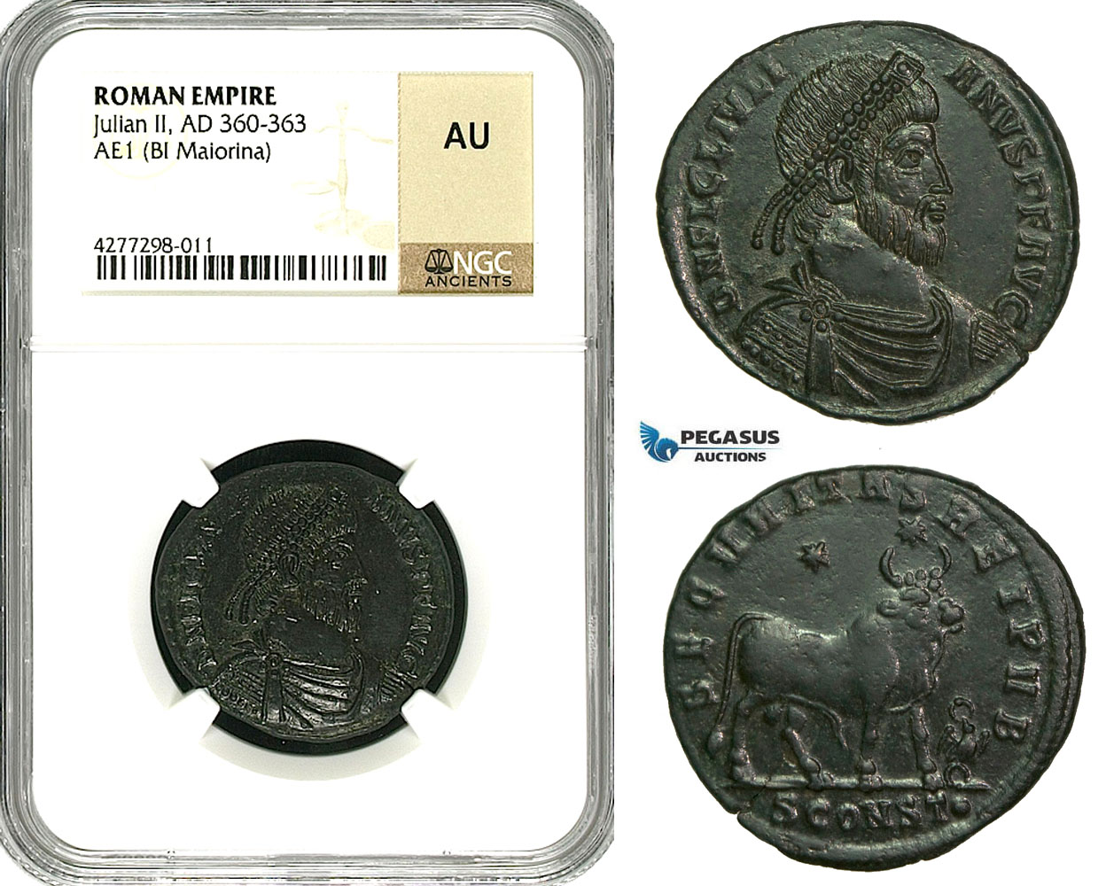 ZD48, Roman Empire, Julian II. "The Apostate" (360-363 AD) Æ1, BL Maiorina (8.15g) Arles, 362-363 AD, Bull, NGC AU