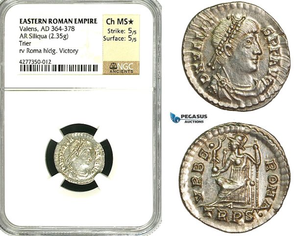 ZD49, Eastern Roman Empire, Valens (364-368 AD), AR Siliqua (2.35g) Trier, Roma seated, NGC MS★