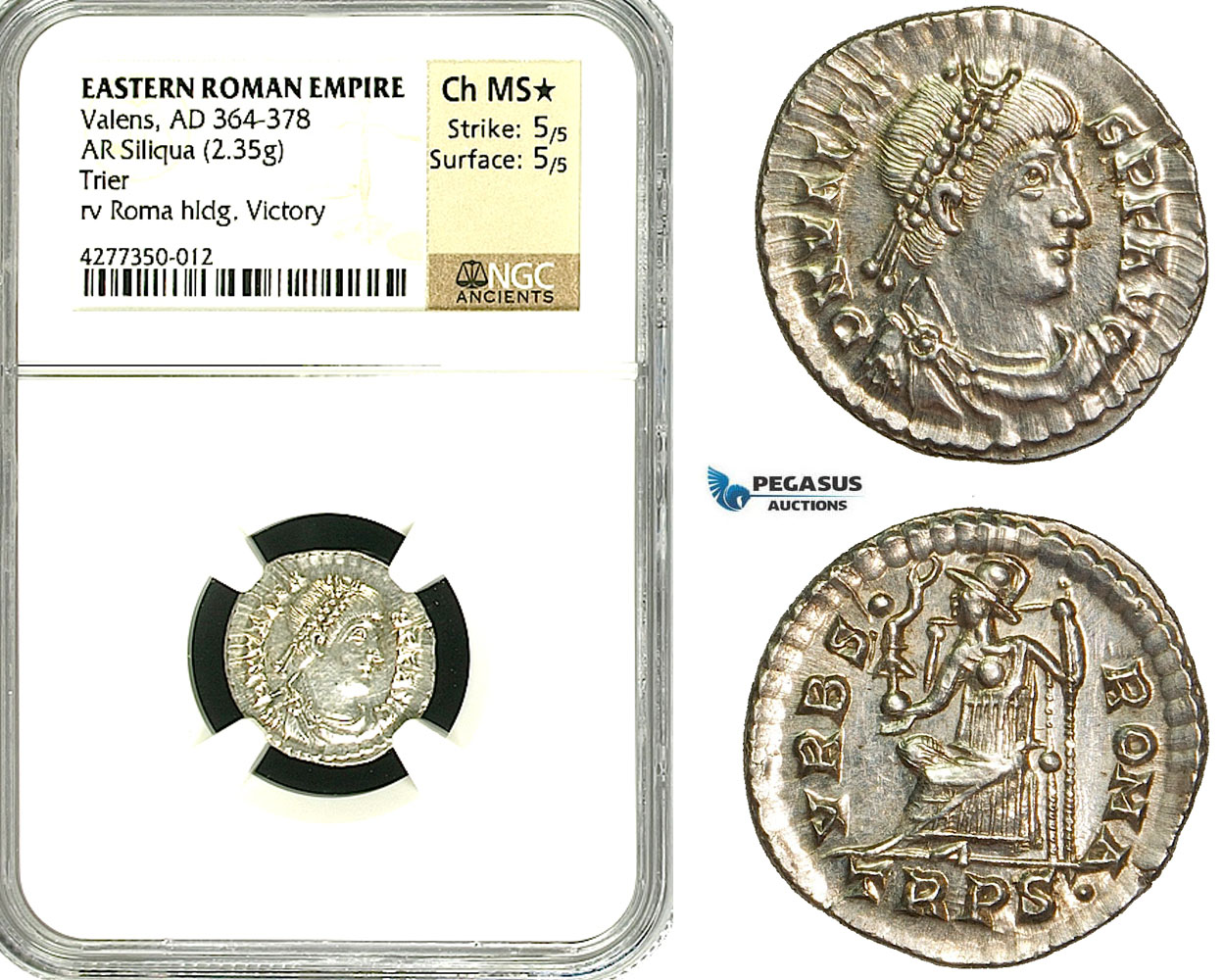 ZD49, Eastern Roman Empire, Valens (364-368 AD), AR Siliqua (2.35g) Trier, Roma seated, NGC MS★