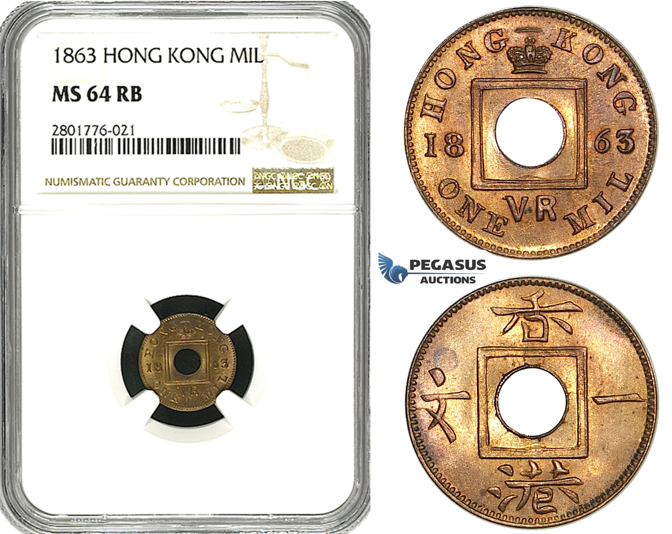 ZD56, Hong Kong, Victoria, 1 Mil 1863, NGC MS64RB