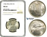 ZD59, Ireland, Free State, Florin - 2 Shillings 1942, Silver, NGC MS64