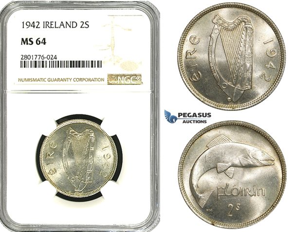 ZD59, Ireland, Free State, Florin - 2 Shillings 1942, Silver, NGC MS64